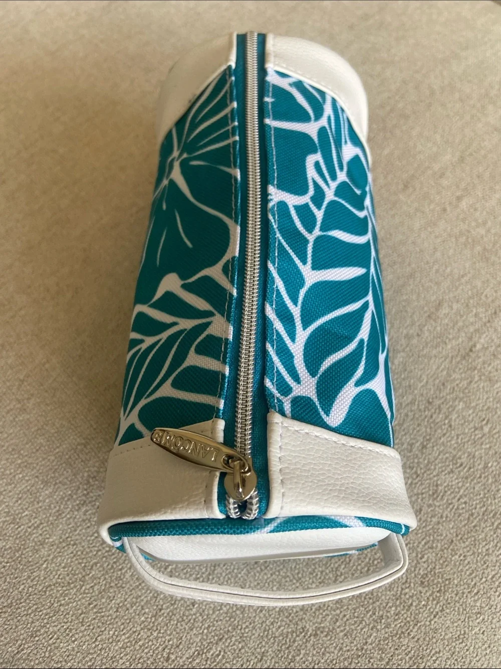 Lancôme Teal and White Floral Tubular Zip Pouch. New, Never used.